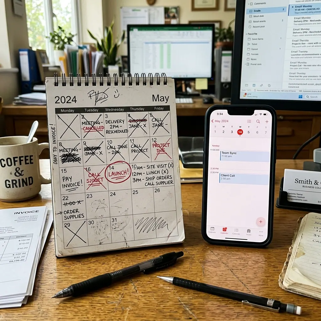 A desk calendar with scribbled notes next to a smartphone
