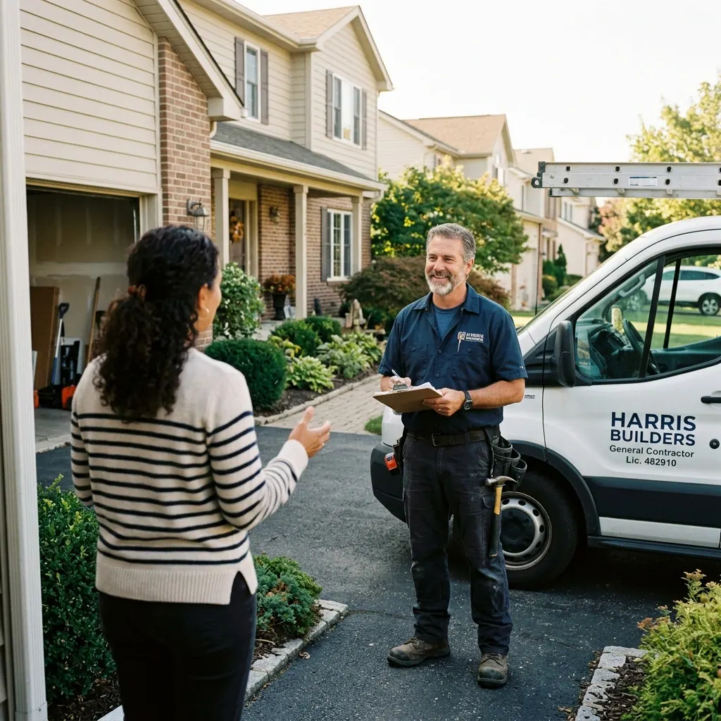 A tradesman having a clear, calm conversation with a homeowner in their driveway