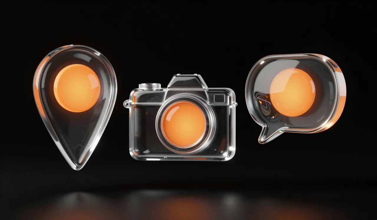 A glass map pin, a glass camera and a glass speech bubble in a row, each with an orange disc inside