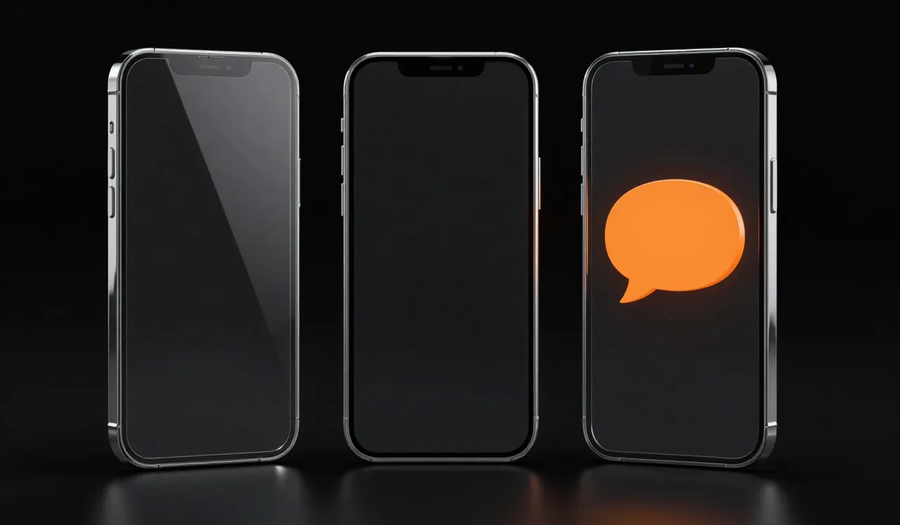 Three glass phones in a row: two with dark screens, the third showing an orange speech bubble