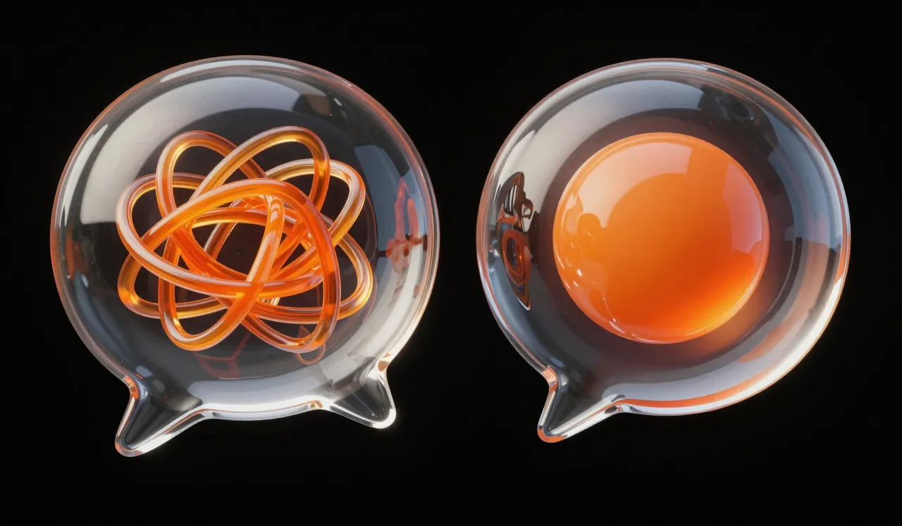 Two glass speech bubbles: one filled with a tangle of orange threads, the other holding a single orange sphere