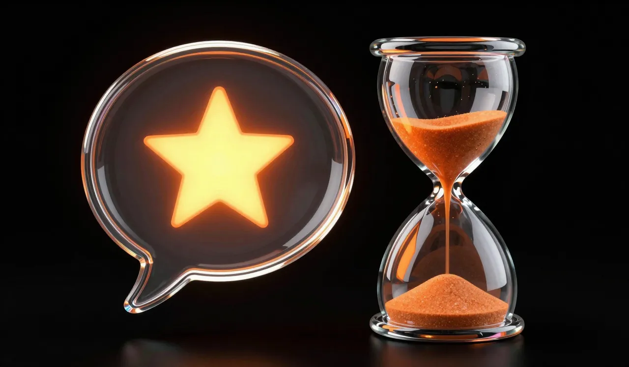A glass speech bubble holding an orange star, beside a glass hourglass with orange sand running through
