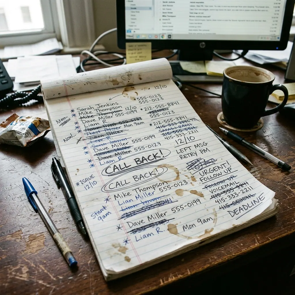 A messy notepad covered in scribbles and crossed out names