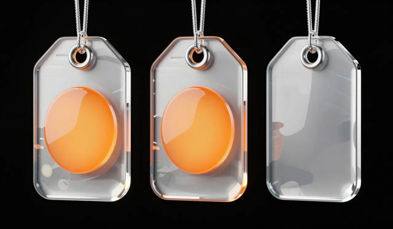 Three glass price tags in a row: two hold an orange disc, the third is empty
