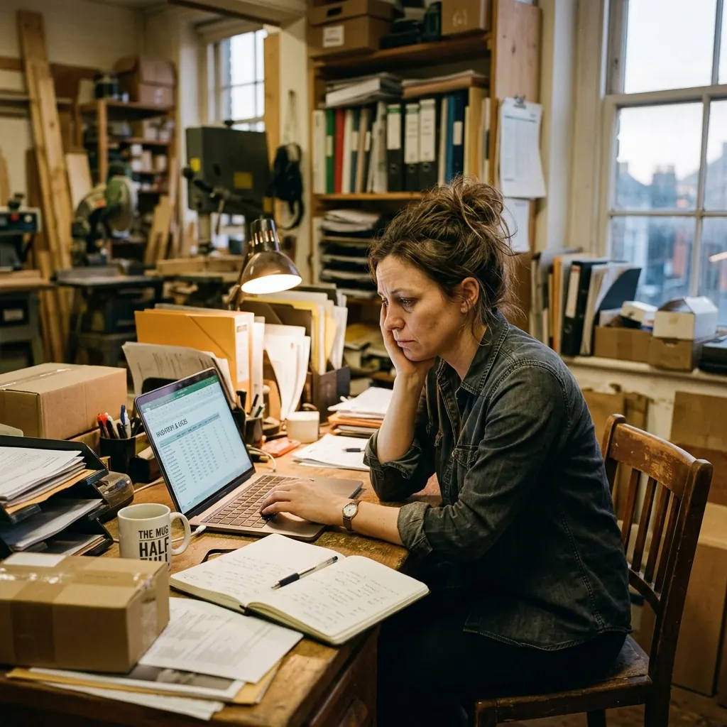 A tired small business owner looking stressed at their laptop