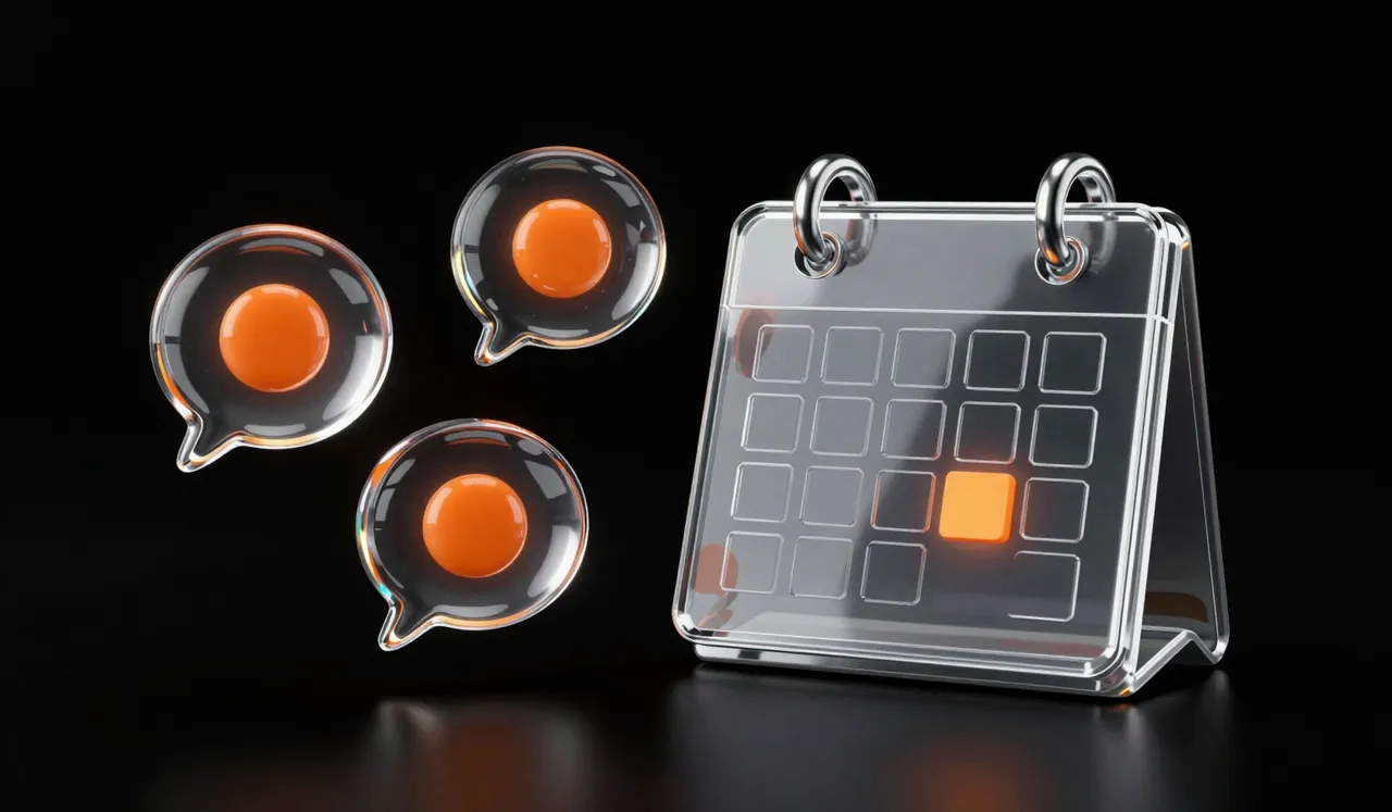 Three glass speech bubbles in a row leading to a glass calendar with one orange day lit