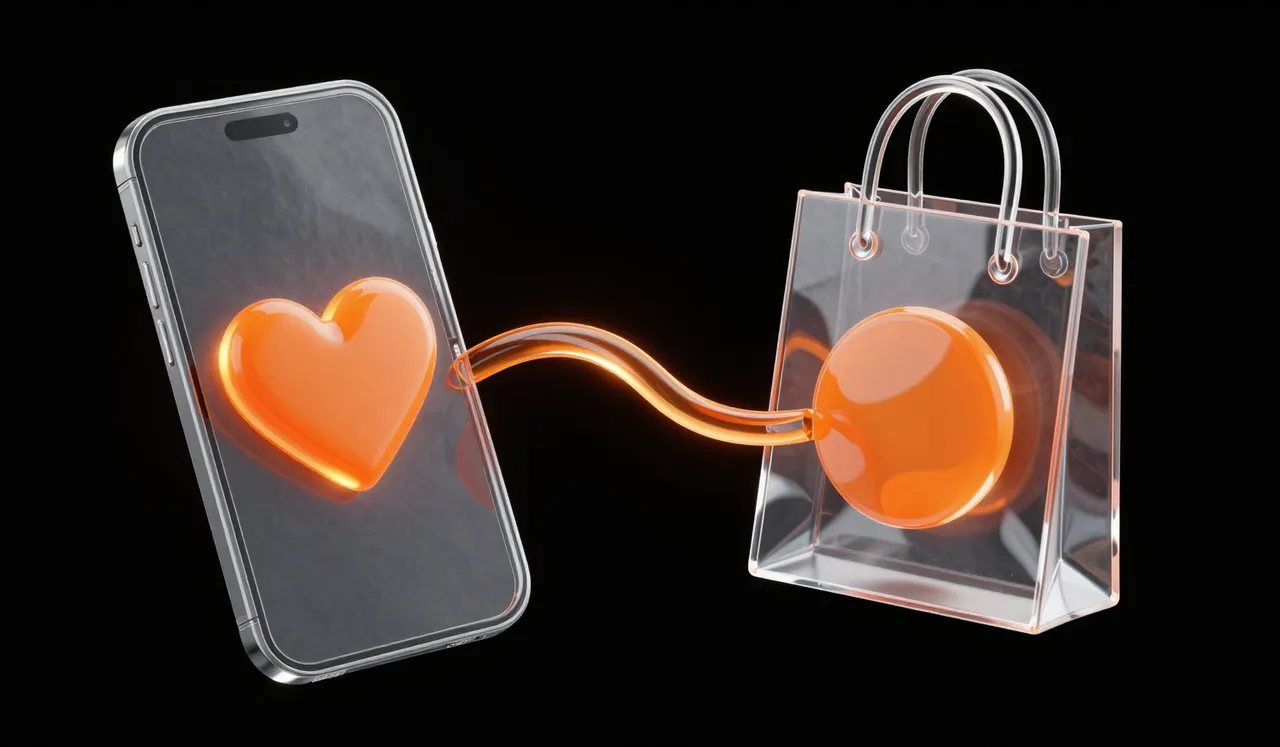 A glass phone showing an orange heart, joined by a single orange ribbon to a glass shopping bag
