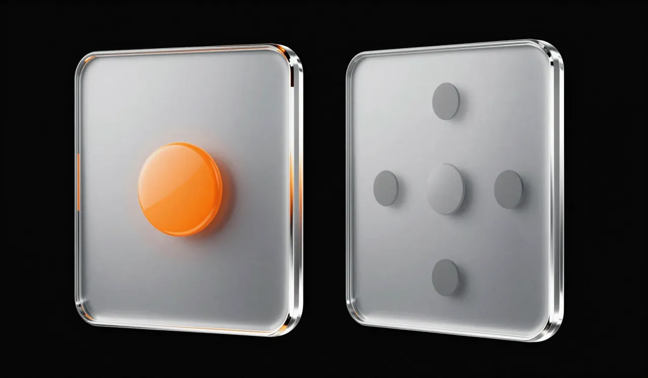 Two glass panels: one with a single large orange button, the other with five small grey buttons
