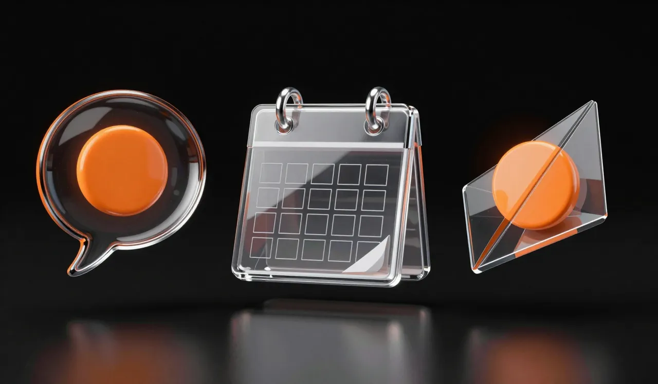 A glass speech bubble, a glass calendar page and a glass paper plane in a row, each with an orange disc inside
