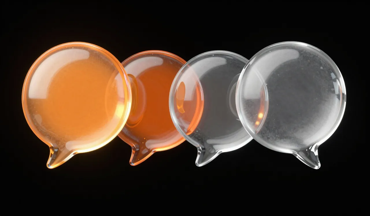 Four glass speech bubbles in a row, the first bright orange and each one after it dimmer, the last empty and frosted
