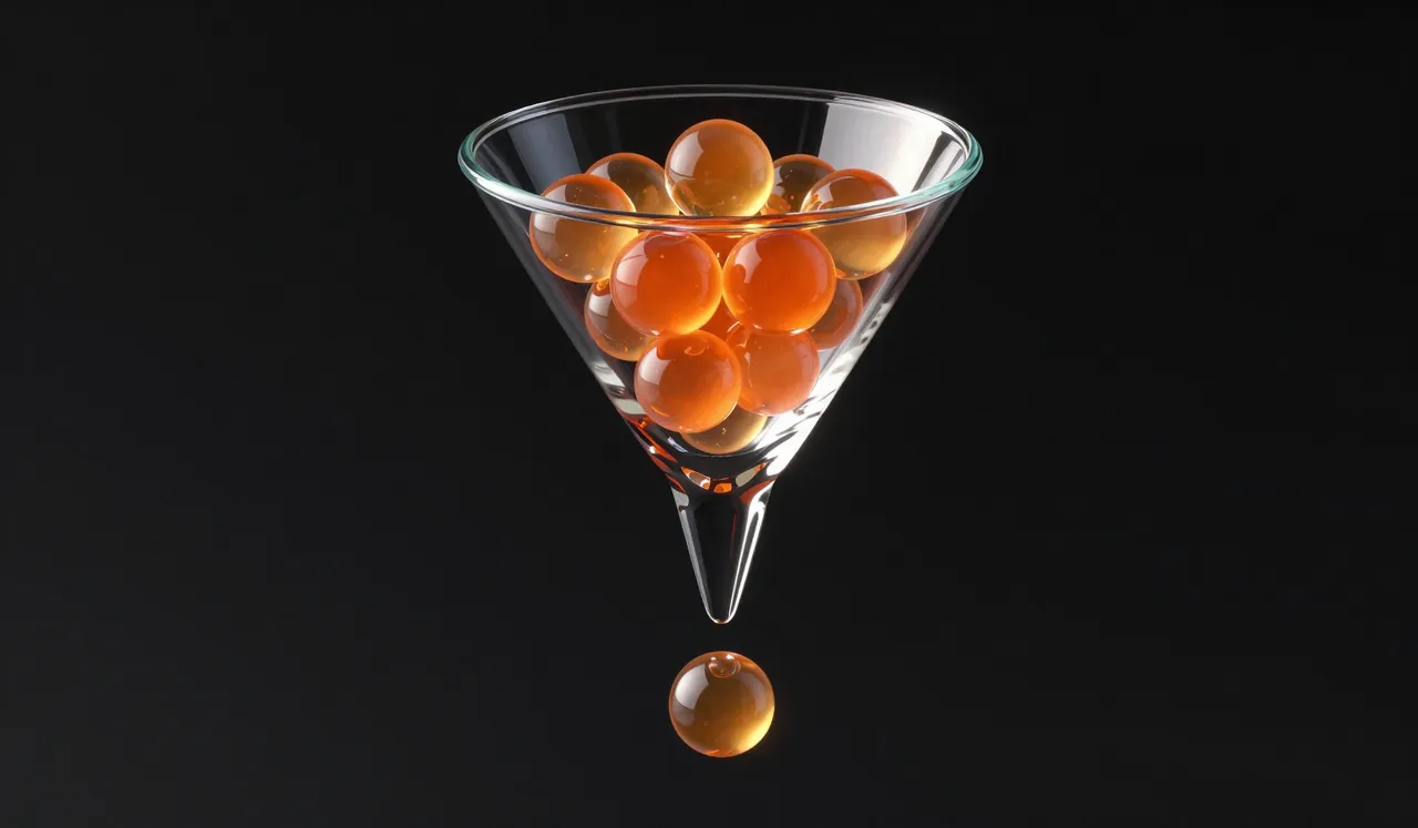 A glass funnel full of orange marbles at the top, with a single marble falling from the spout