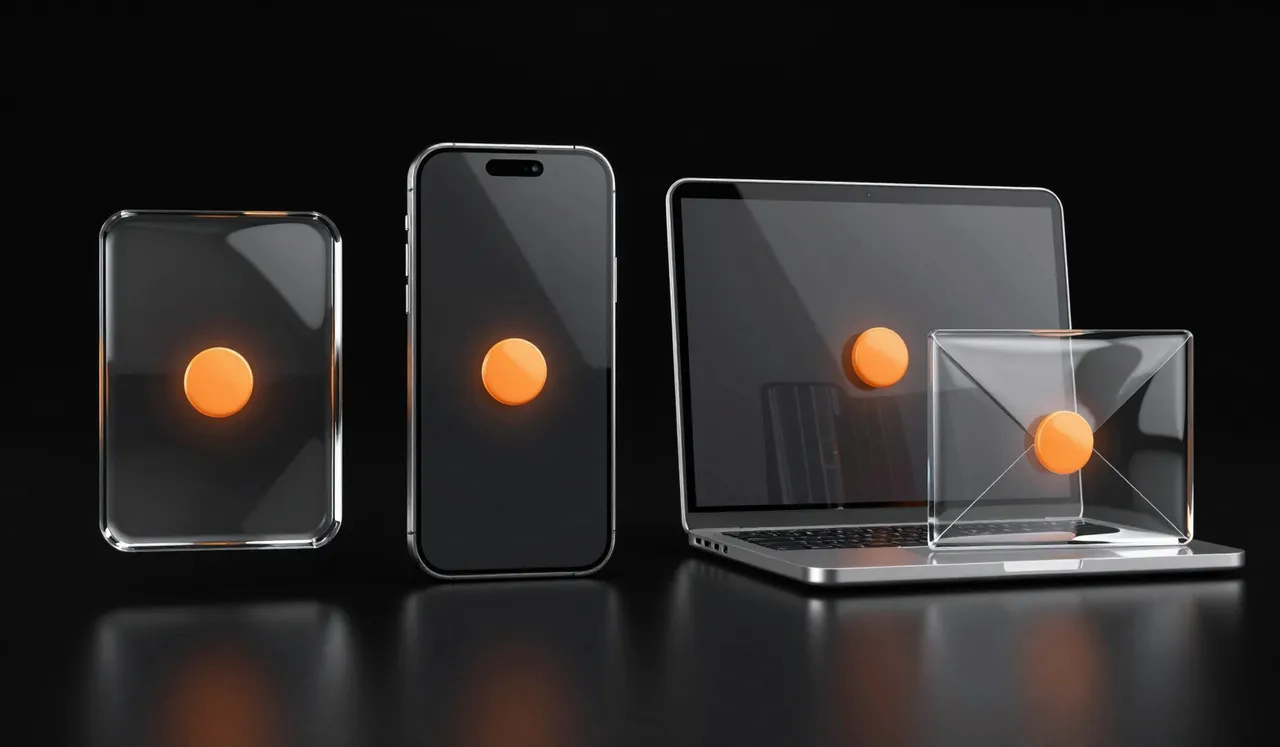 A glass business card, phone, laptop and envelope, each carrying the same orange disc