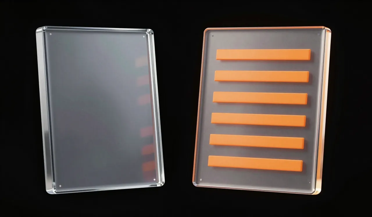 A glass picture frame holding a blurred pane, beside a glass page with clear orange lines across it