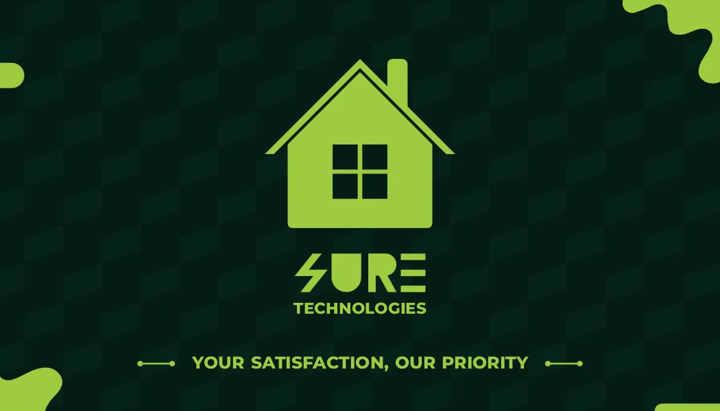 The earlier Sure Technologies direction: a lime-green house mark on near black, with a lightning-bolt S in the wordmark