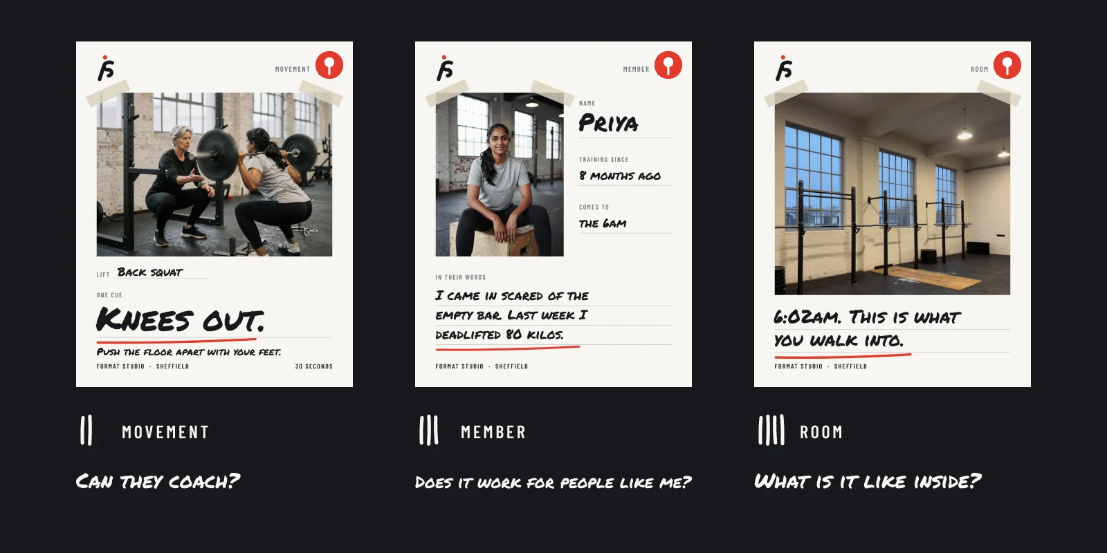 The three pinned posts: a movement post that answers Can they coach, a member post that answers Does it work for people like me, and a room post that answers What is it like inside