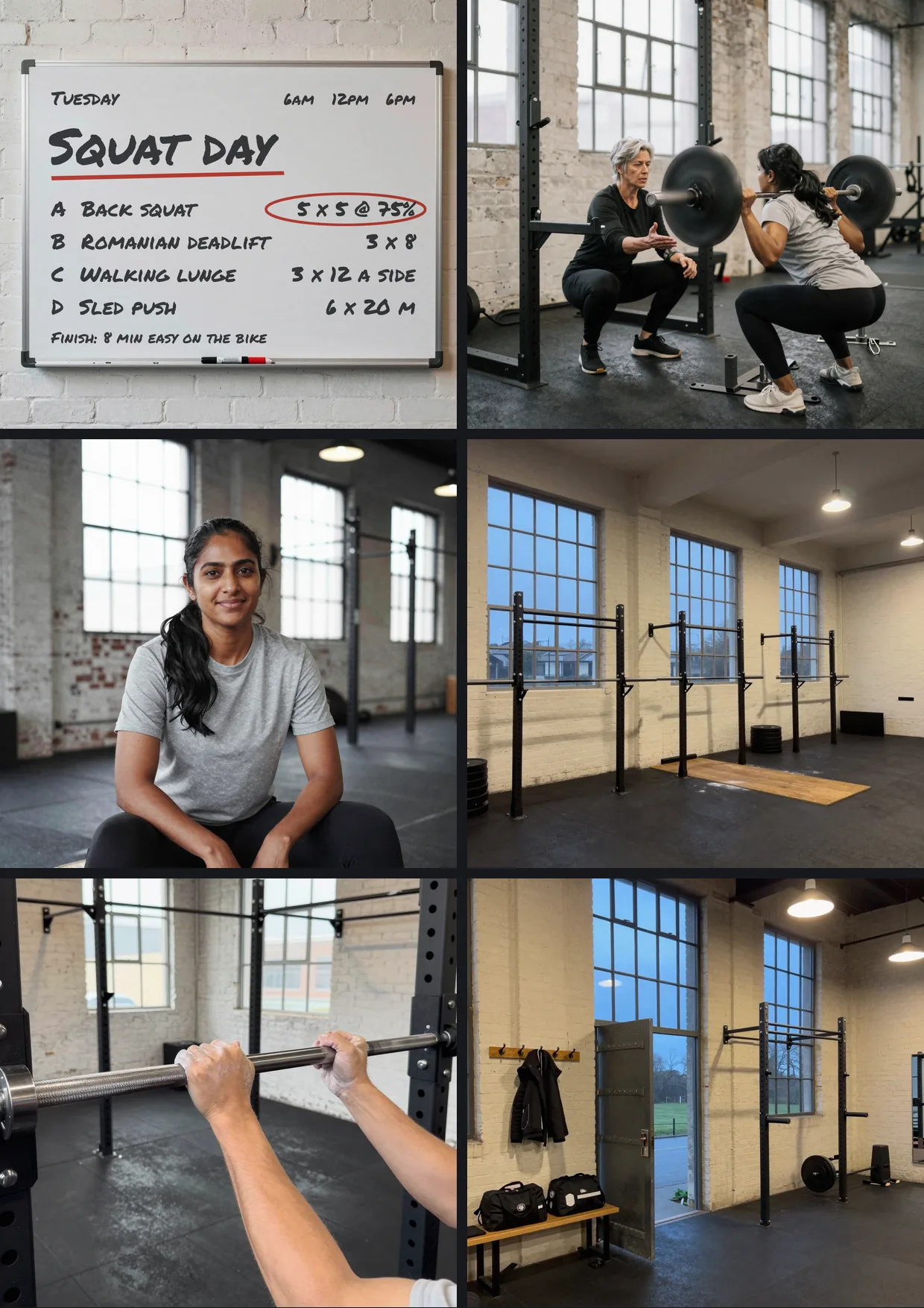 Six photographs before any template: the written whiteboard, the coach cueing a squat, a member sitting on a box after her session, the empty room at dawn, chalked hands on a barbell, and the open door with kit bags on a bench