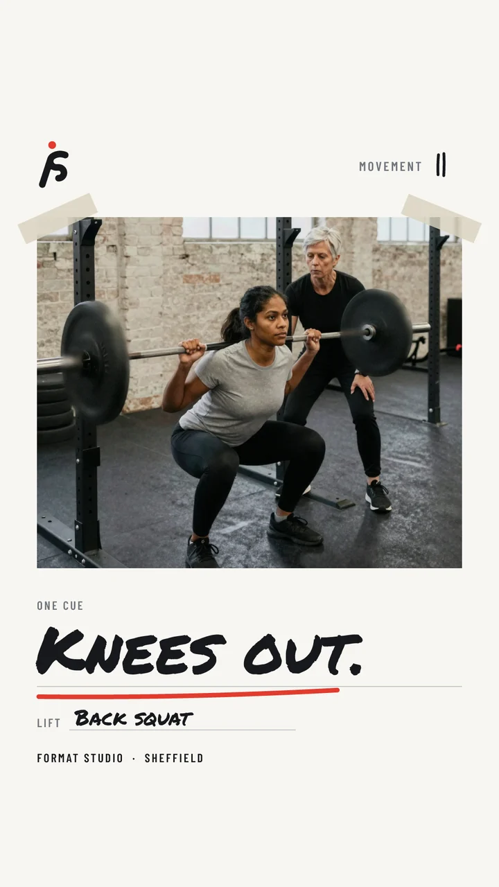The reel cover: a photograph of the coach watching a member squat, taped to the board above the cue Knees out and the lift, back squat