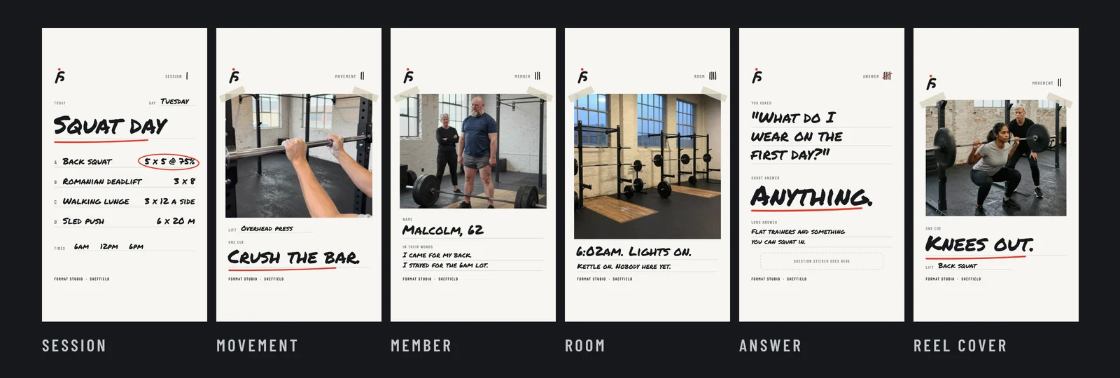 The story set: one story for each post type, session, movement, member, room and answer, and the reel cover, all in the same printed form filled in by hand