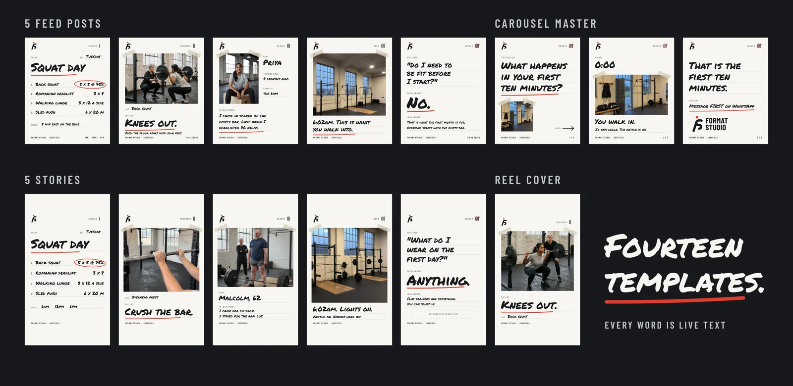 All fourteen templates filled in: five feed posts, the three slides of the carousel master, five stories and the reel cover