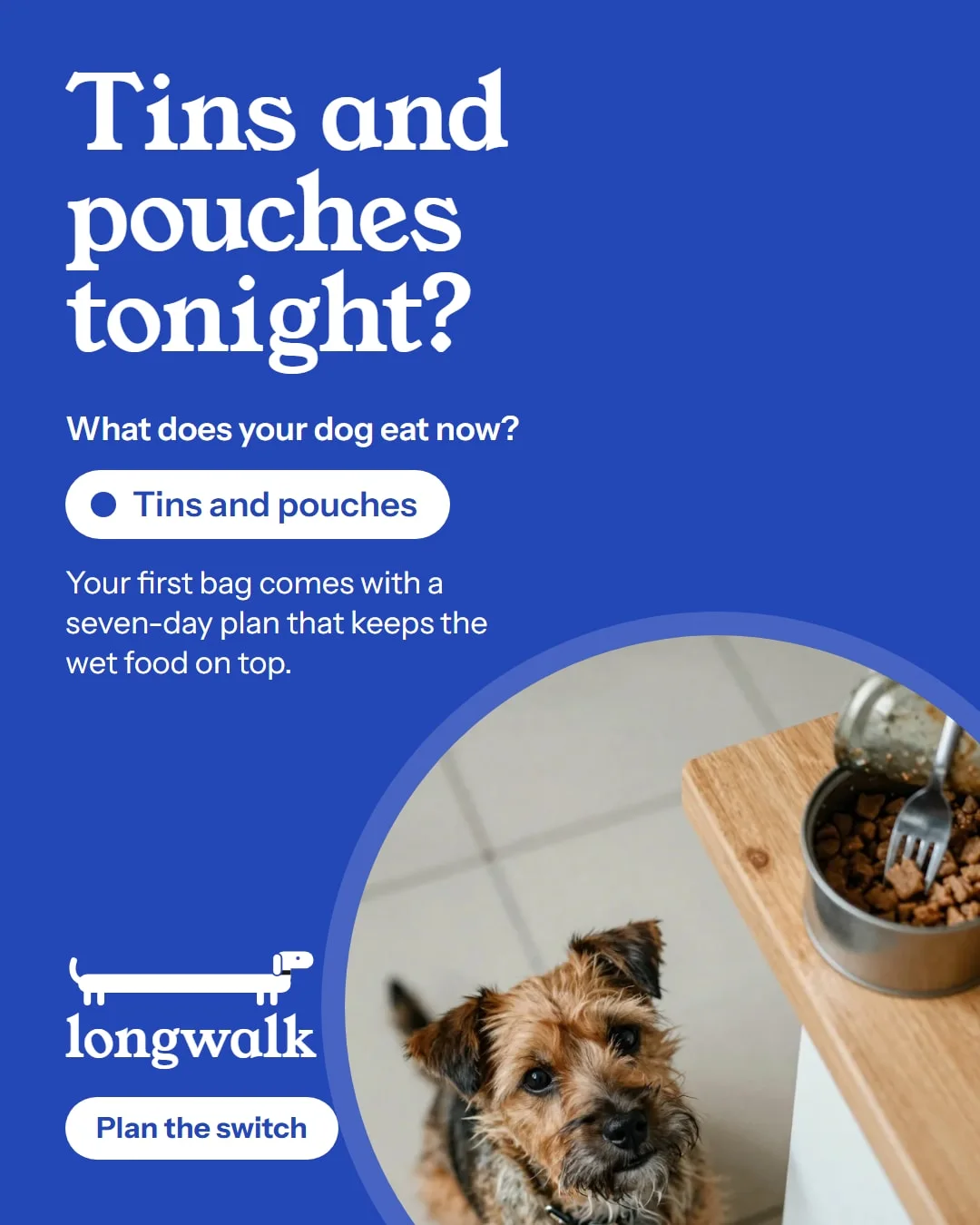 The feed ad for tins and pouches: Tins and pouches tonight, with the question What does your dog eat now already answered