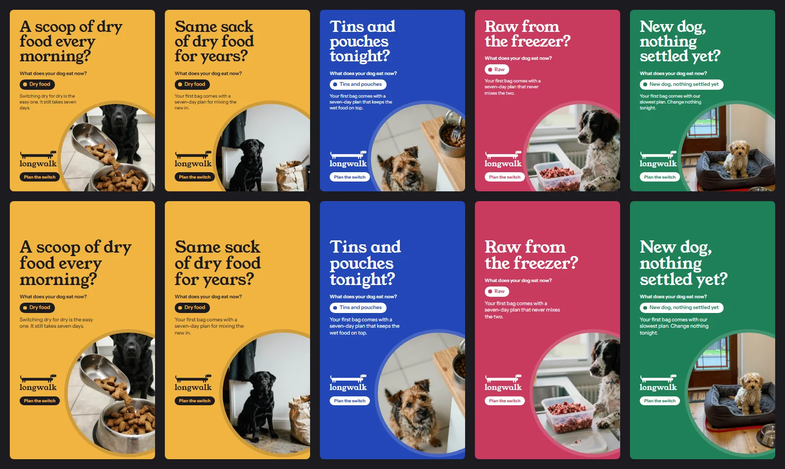 The five static ads in feed size and in story size: two yellow ads for dry food, a blue one for tins and pouches, a red one for raw and a green one for a new dog, each with a photograph of a dog and its current food in a circle
