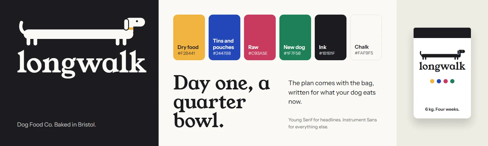 The Longwalk brand kit: a logo of a very long dog standing on the word longwalk, four bowl colours with ink and chalk, the two typefaces, and a white bag
