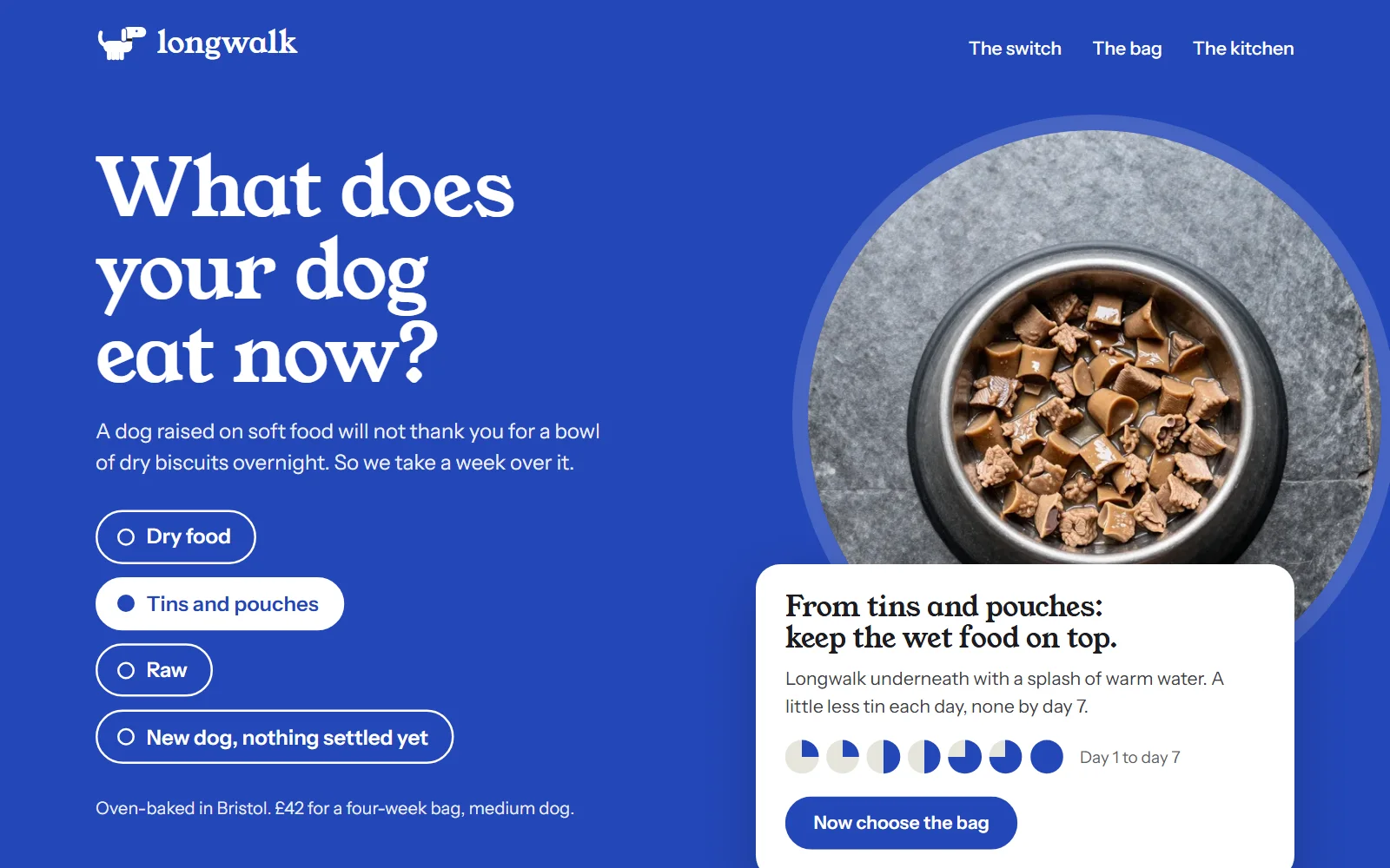 The landing page as that ad opens it: blue, with tins and pouches already picked and the plan for a tin-fed dog showing