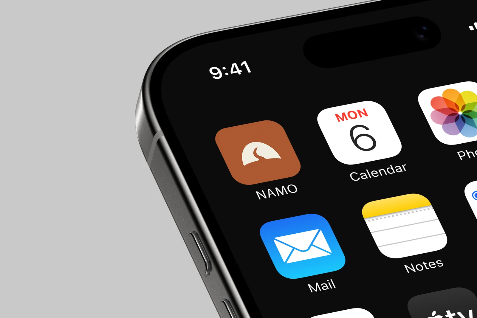 The NAMO app icon, the N monogram on burnt orange, on an iPhone home screen