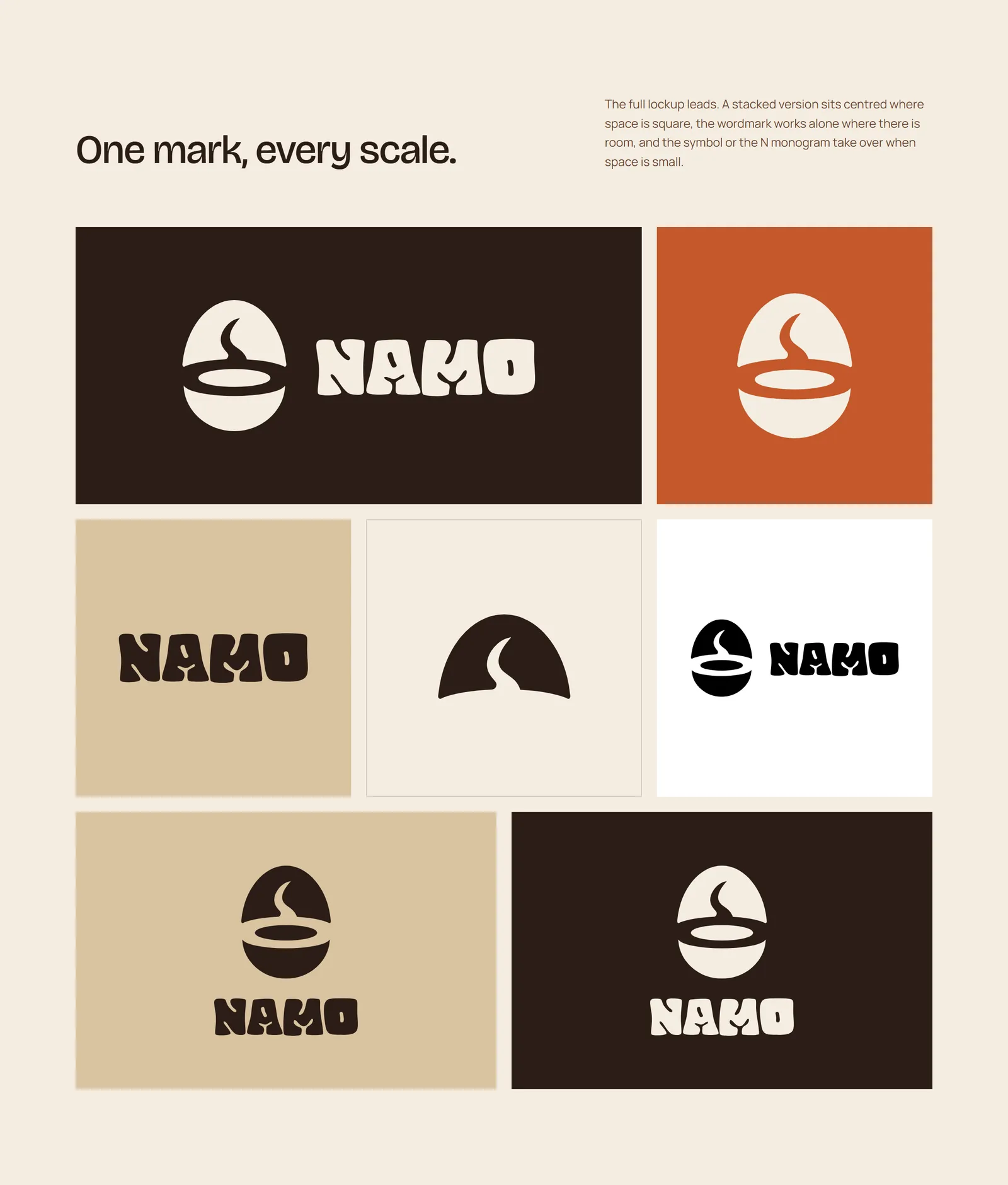 The NAMO logo system: horizontal lockup, stacked lockup, wordmark, symbol and N monogram in four colourways