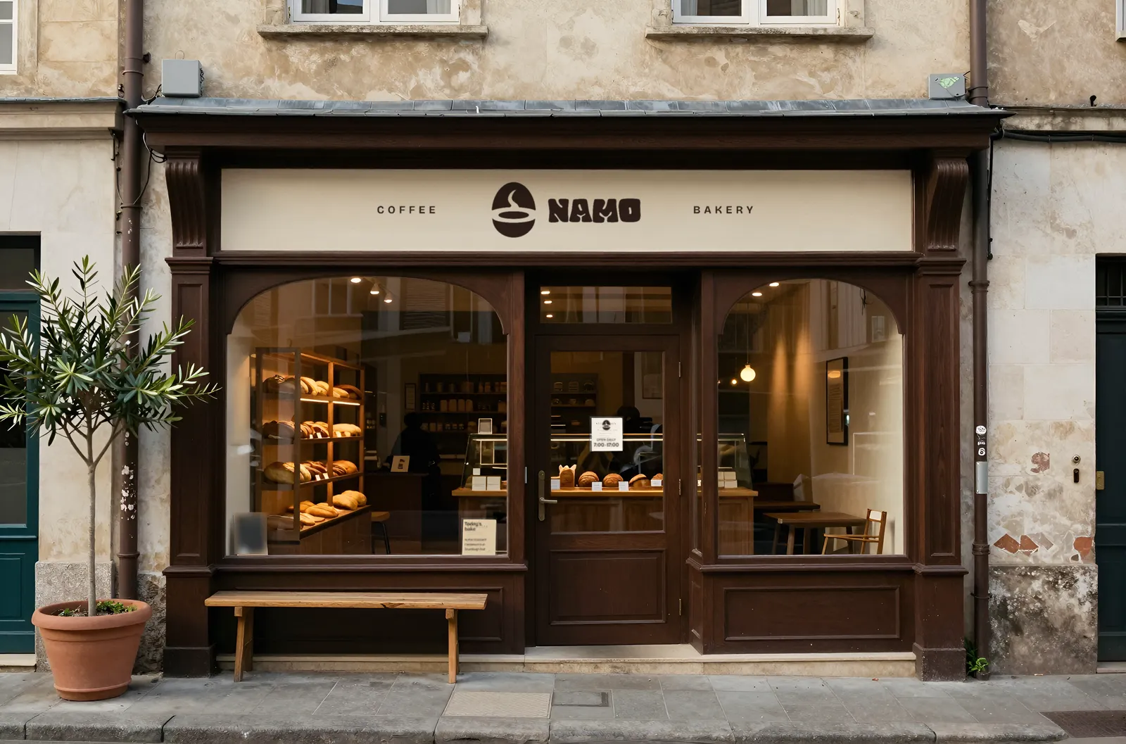 NAMO shopfront with the coffee and bakery fascia above arched windows