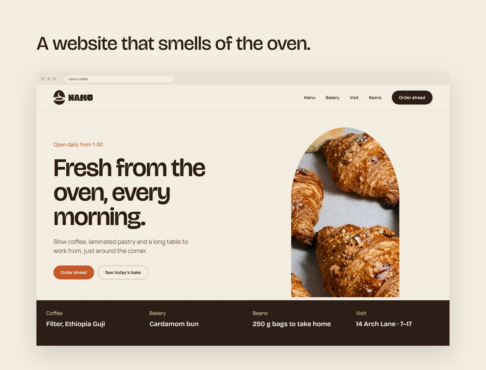 The NAMO website homepage: Fresh from the oven, every morning, with croissants framed in the arch and an Order ahead button