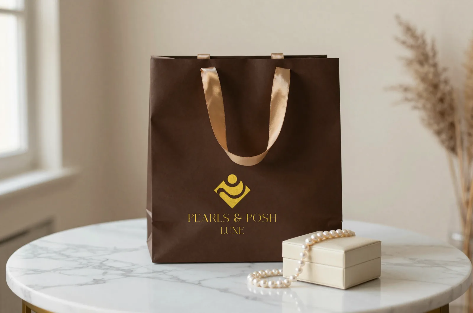 Espresso Pearls & Posh Luxe shopping bag with gold satin handles and the gold lockup, beside a pearl strand