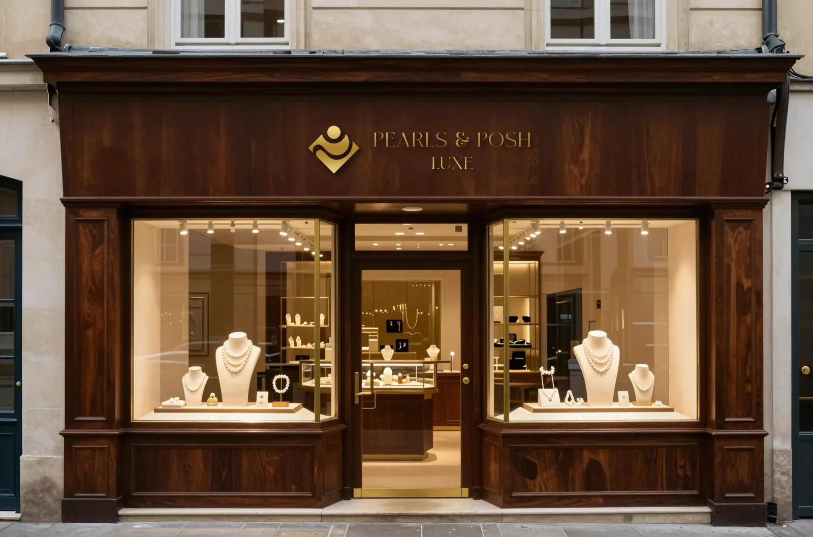 Pearls & Posh Luxe boutique shopfront with the brass horizontal lockup on an espresso fascia
