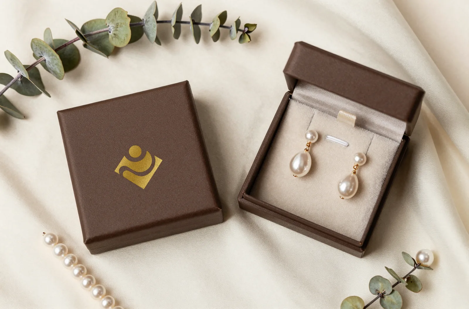 Espresso jewelry box with the gold foil pearl mark, beside an open box of pearl drop earrings