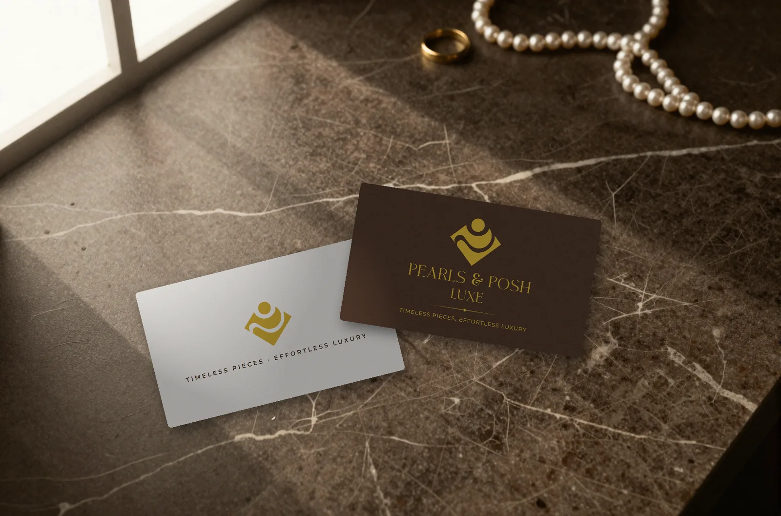 Pearls & Posh Luxe business cards in espresso and ivory on dark marble