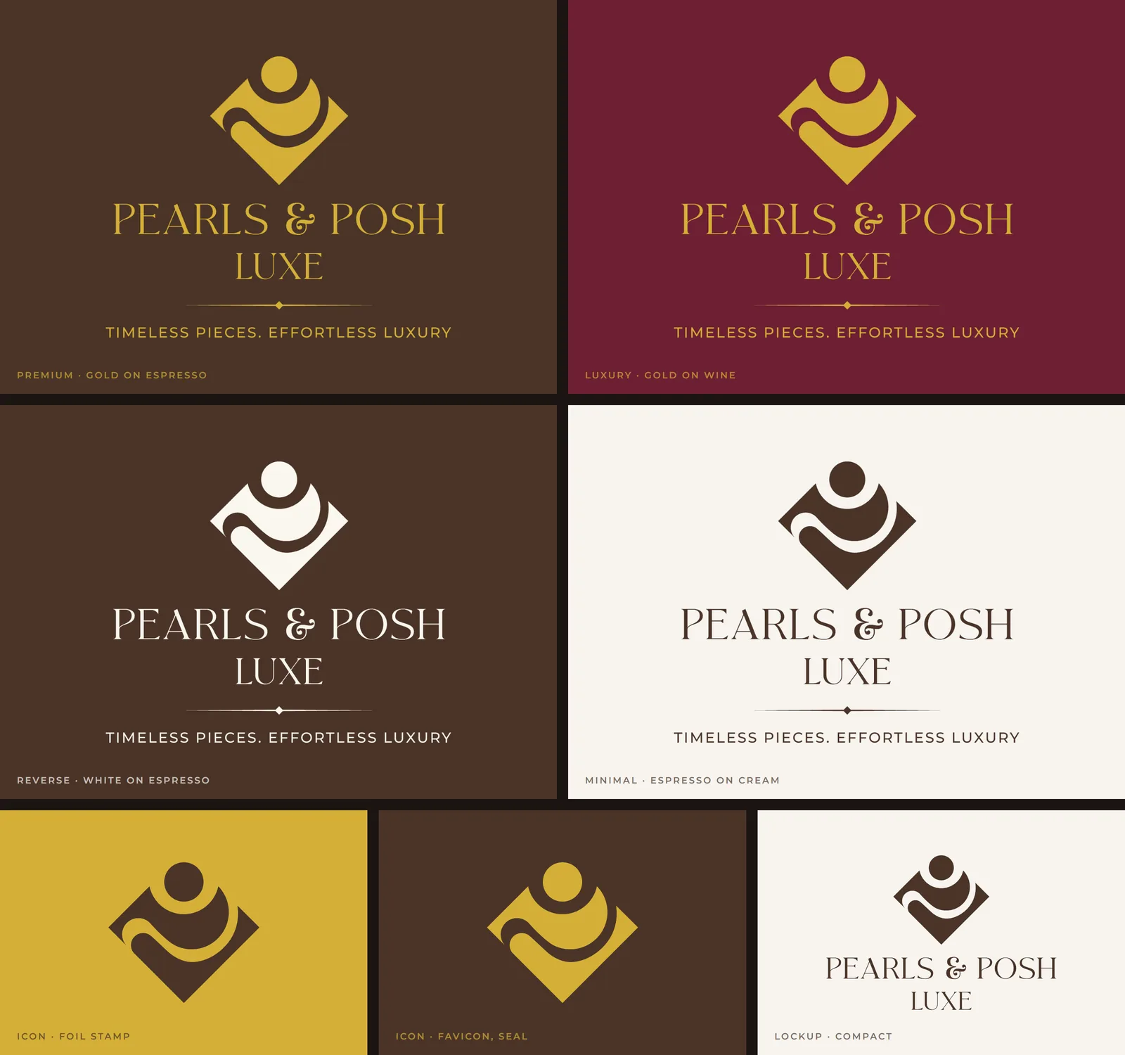 Pearls & Posh Luxe logo system: four colourways of the full lockup, icon on gold and espresso, and a compact lockup on cream