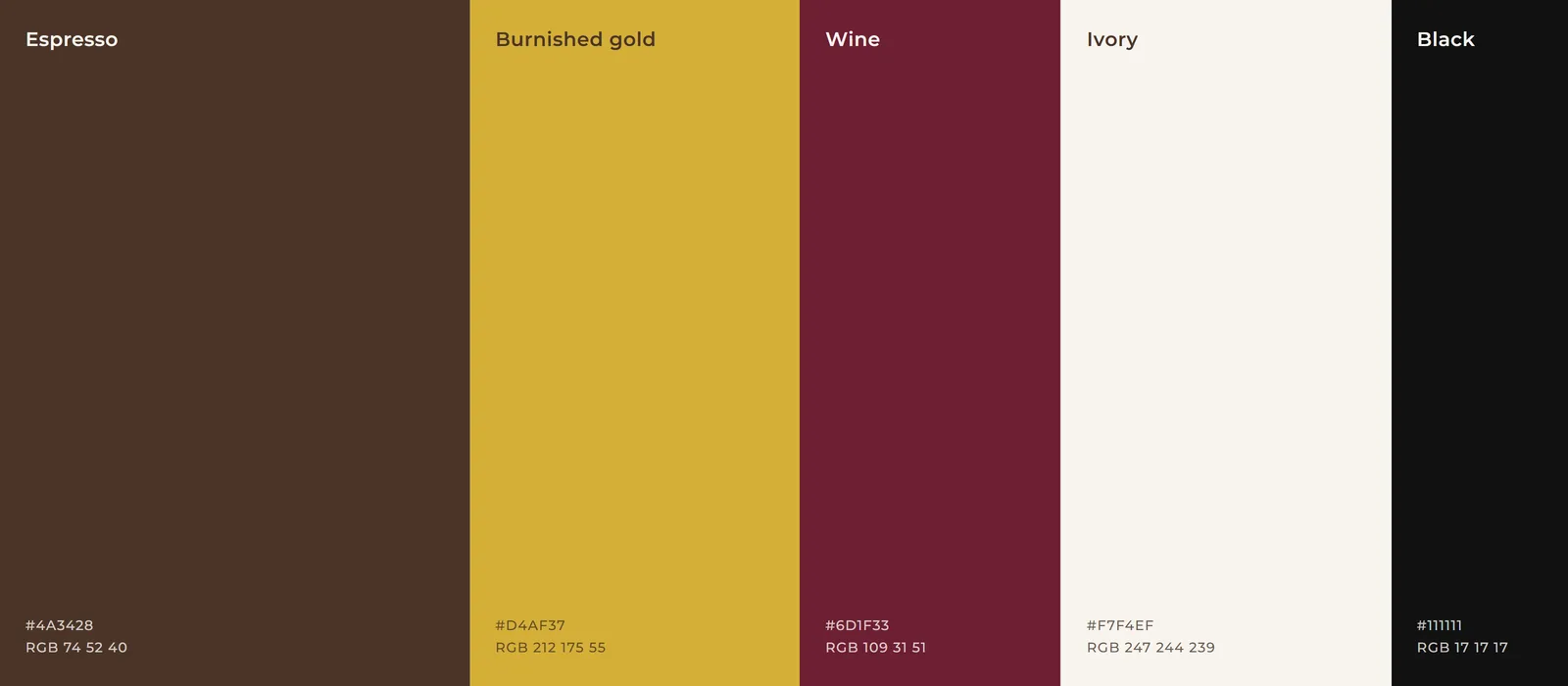 Pearls & Posh Luxe colour palette: espresso, burnished gold, wine, ivory and black