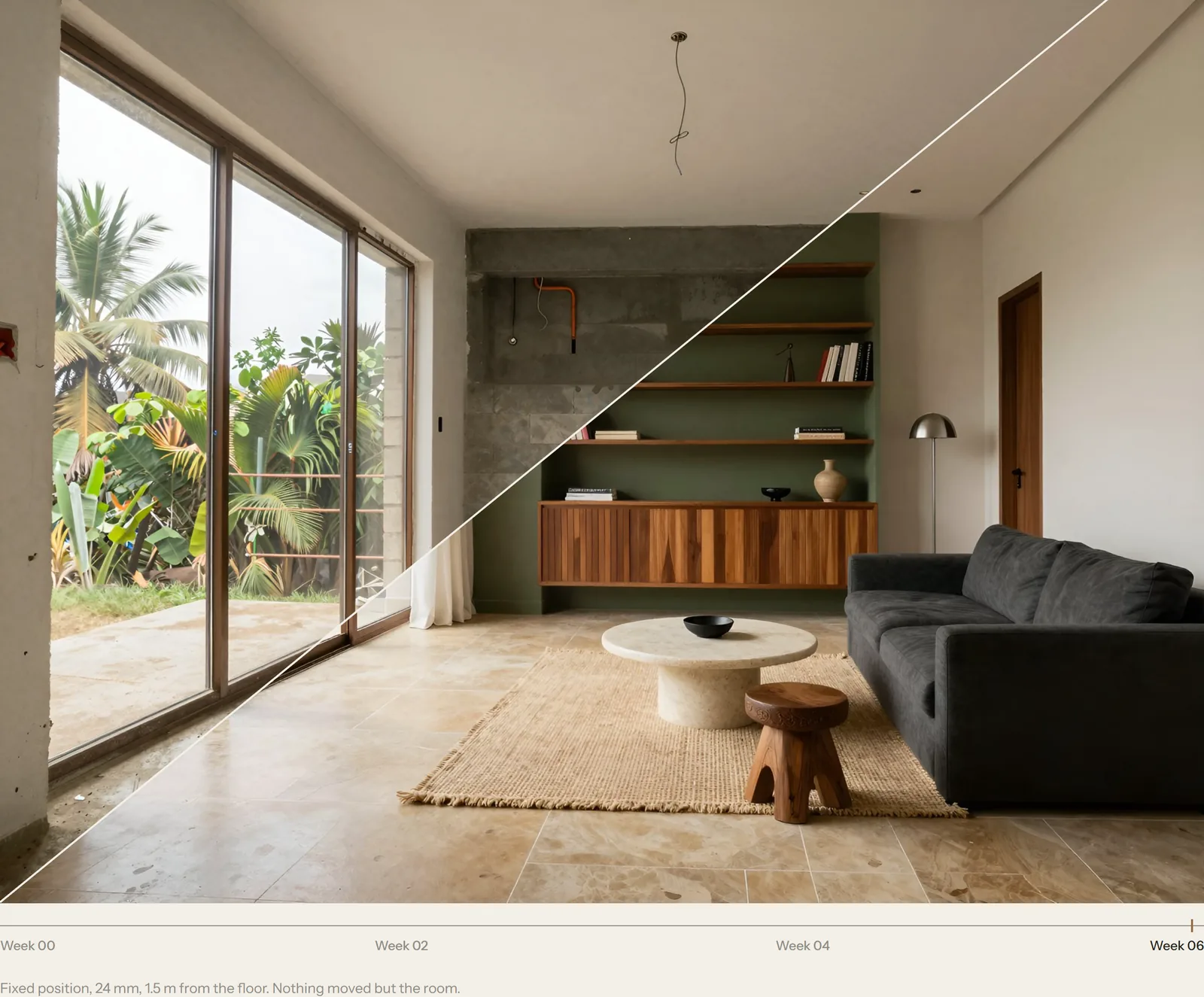 The before-and-after reveal mid-swing: the bare room on day one opening over the finished room like a door on its hinge
