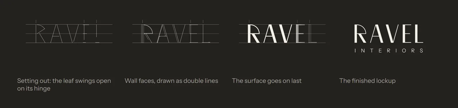 Four stages of the logo build: setting out, wall faces drawn as double lines, the surface going on, and the finished lockup