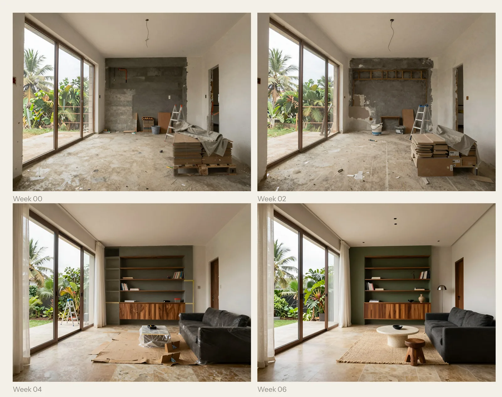 The same living room photographed from one fixed position at week 0, week 2, week 4 and week 6: bare blockwork, fresh plaster, primed joinery, then the finished room with olive joinery and iroko shelves