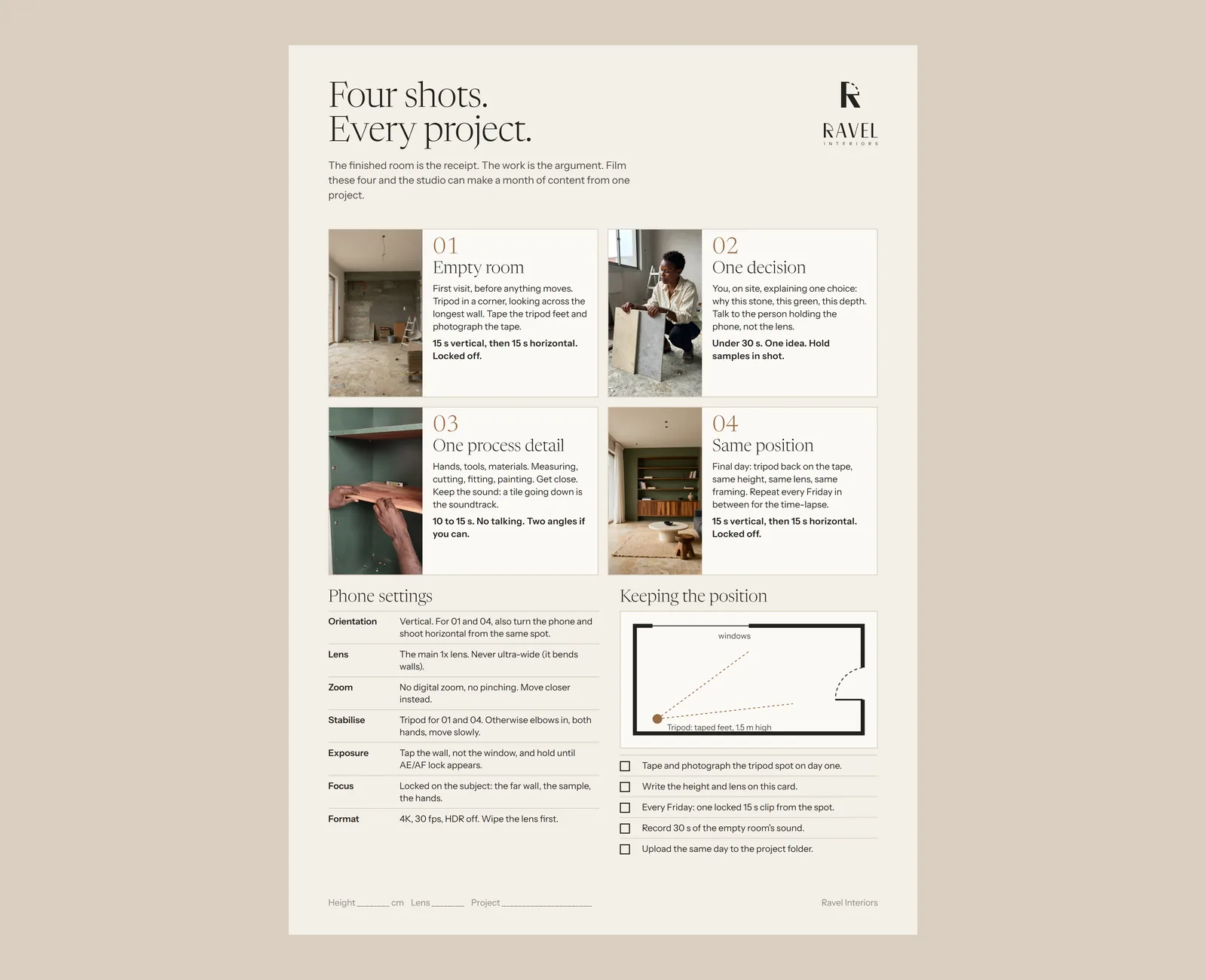 The one-page shooting card: the four shots with example frames, phone settings, a plan showing the fixed tripod position, and a checklist