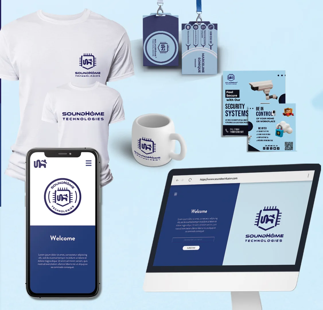 SoundHome identity applied to work shirts, ID badges, a mug, flyers, and the mobile and desktop site