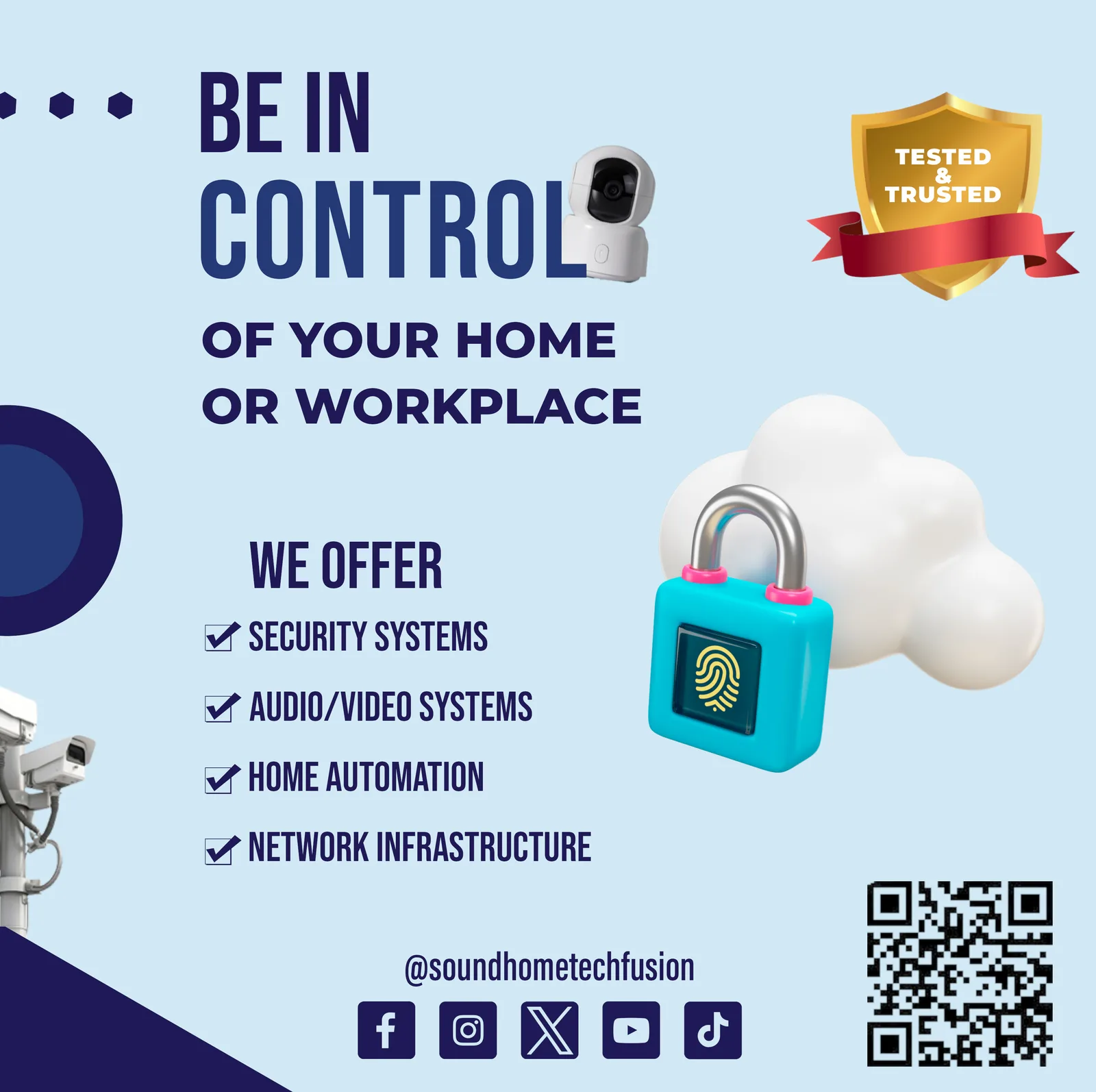SoundHome flyer, back: Be in Control of your home or workplace, with the four service lines