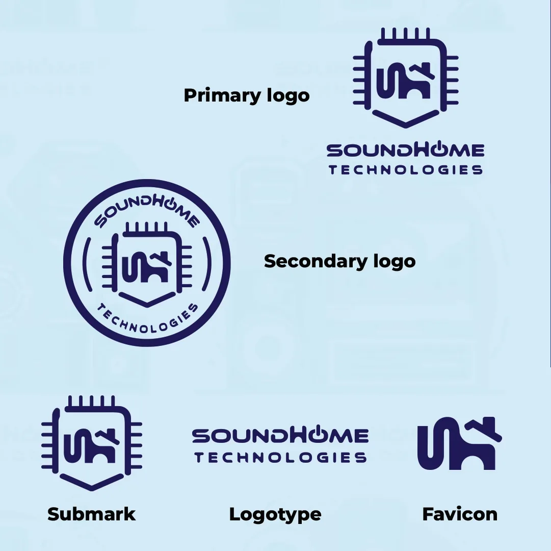 The five SoundHome lockups: primary, secondary badge, submark, logotype, and favicon