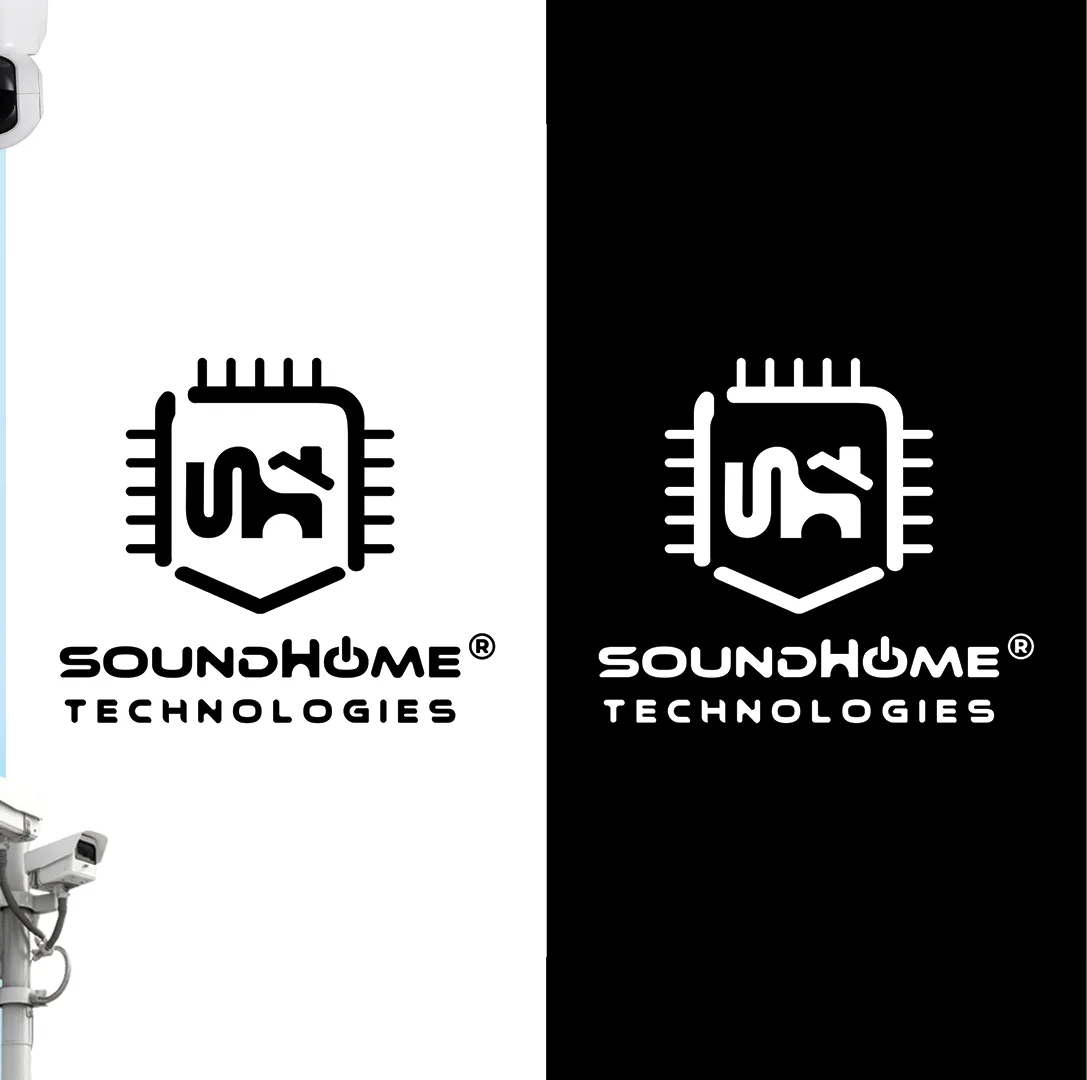 The SoundHome logo in solid black on white and solid white on black
