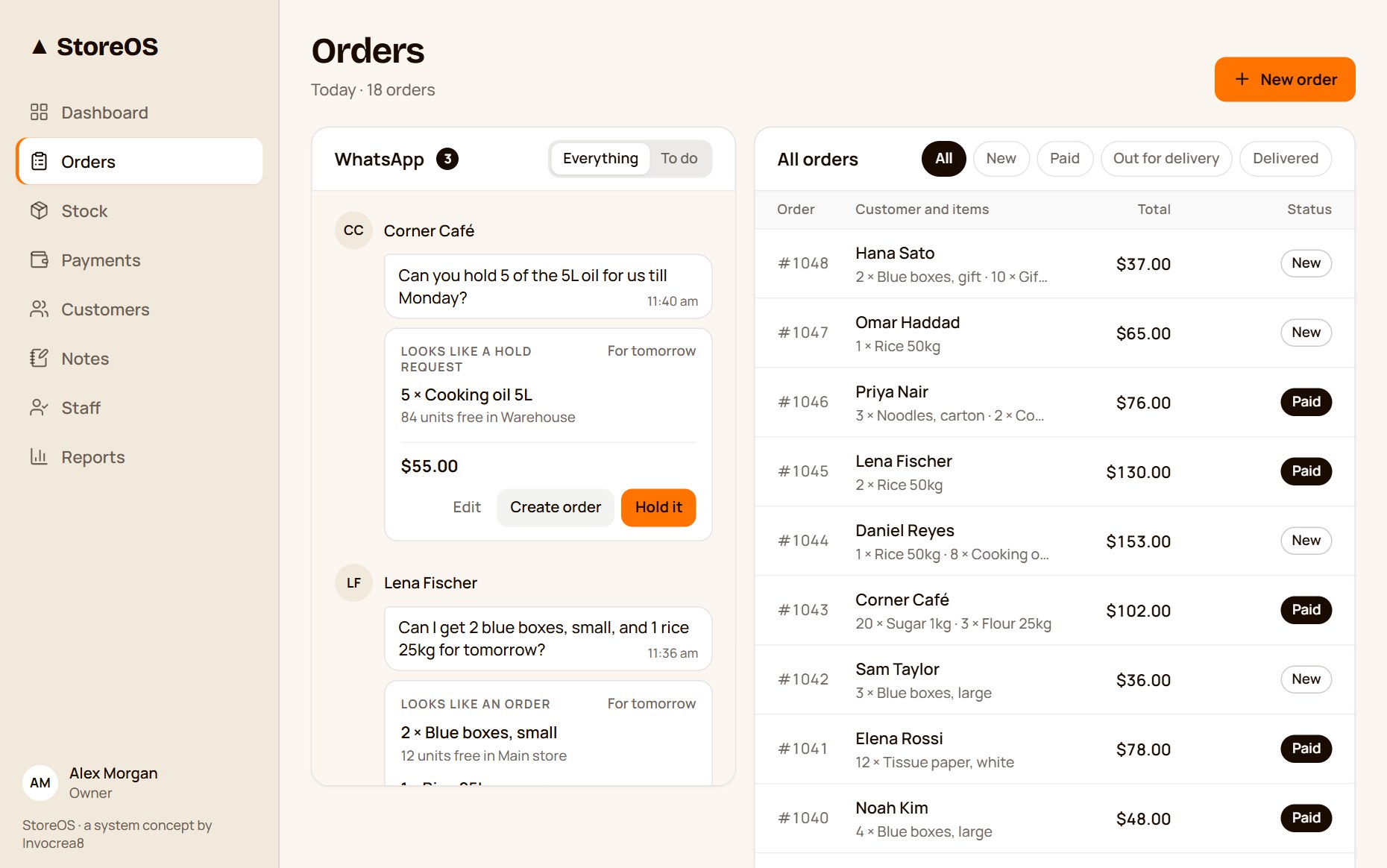 The StoreOS orders screen: a WhatsApp inbox where each message is already read as an order or a hold request, beside the list of every order today