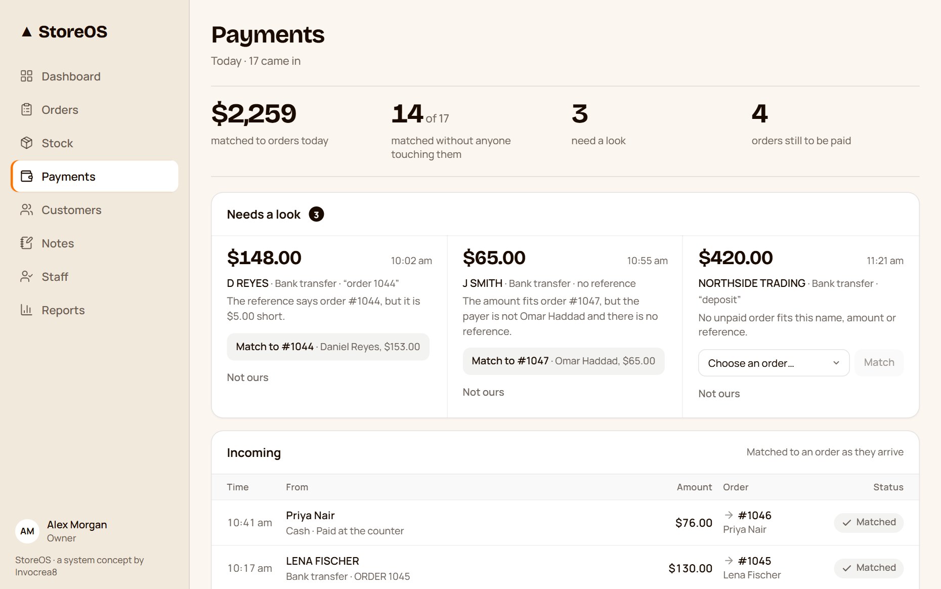 The StoreOS payments screen: three payments that need a look, each with its reason, above the list of payments matched to their orders