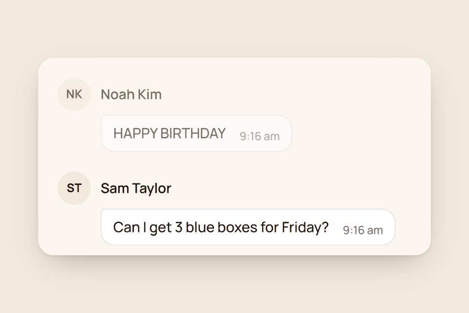 A WhatsApp message from Sam Taylor, "Can I get 3 blue boxes for Friday?", under a birthday wish from another customer