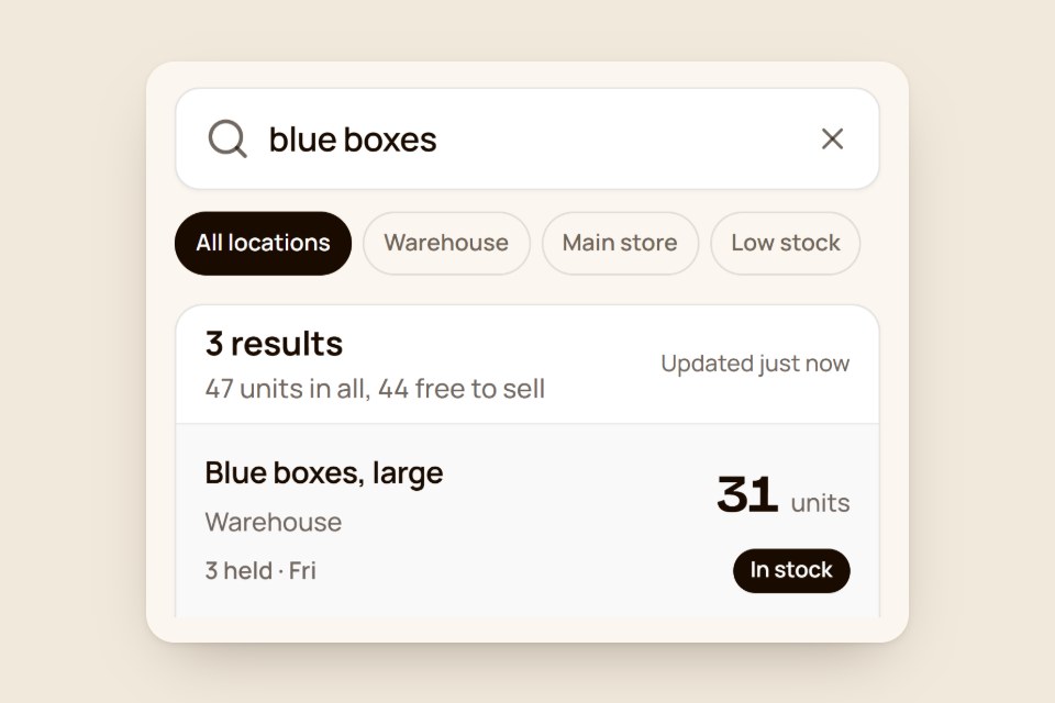 A stock search for blue boxes: 31 large in the warehouse, 3 of them held until Friday