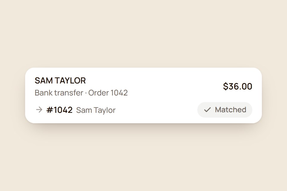 A $36.00 bank transfer from Sam Taylor, matched to order 1042